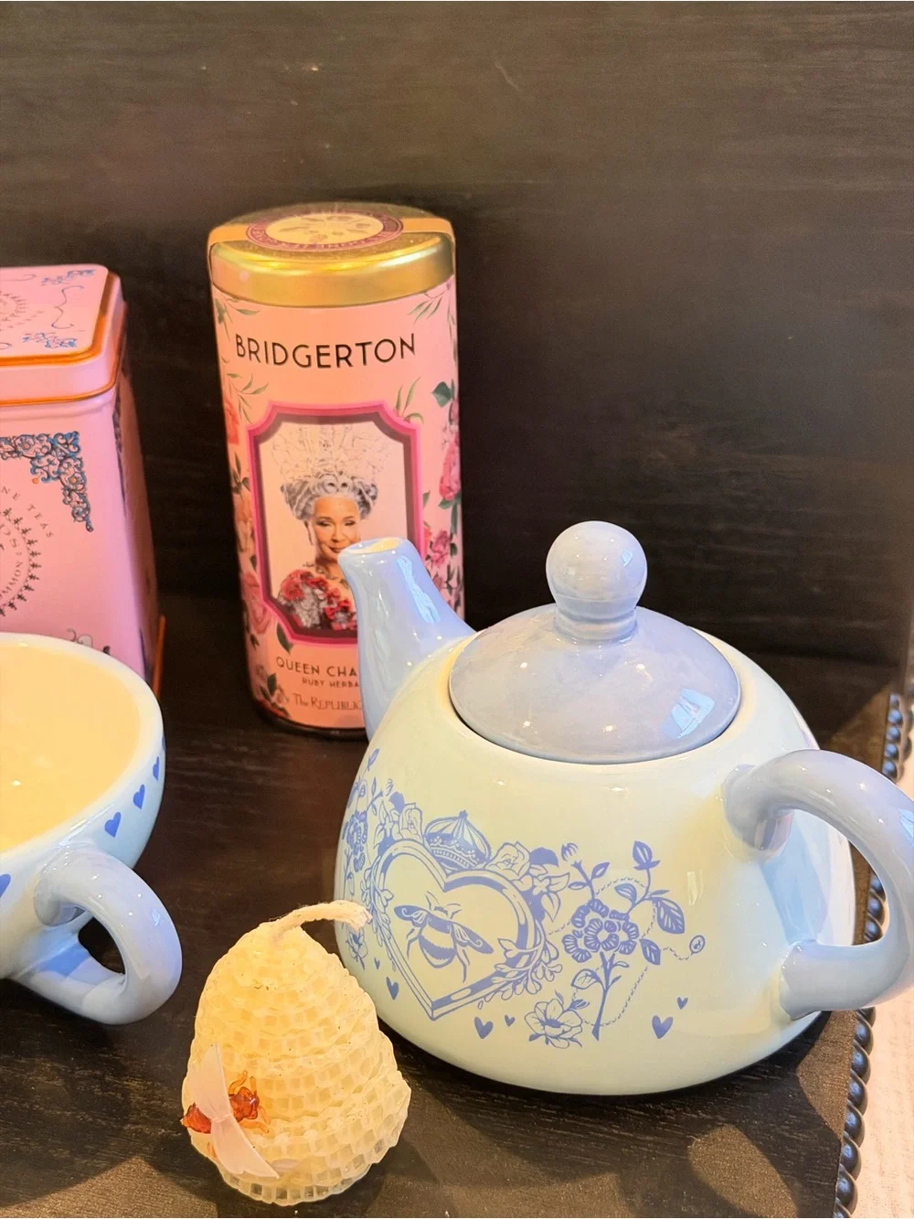 Blue Bee Heart Ceramic Teapot and Cup Set